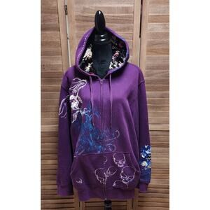 Ruthless Art 2X Beaded, Embroidered Purple Full Zip Floral Skull Hooded Sweater